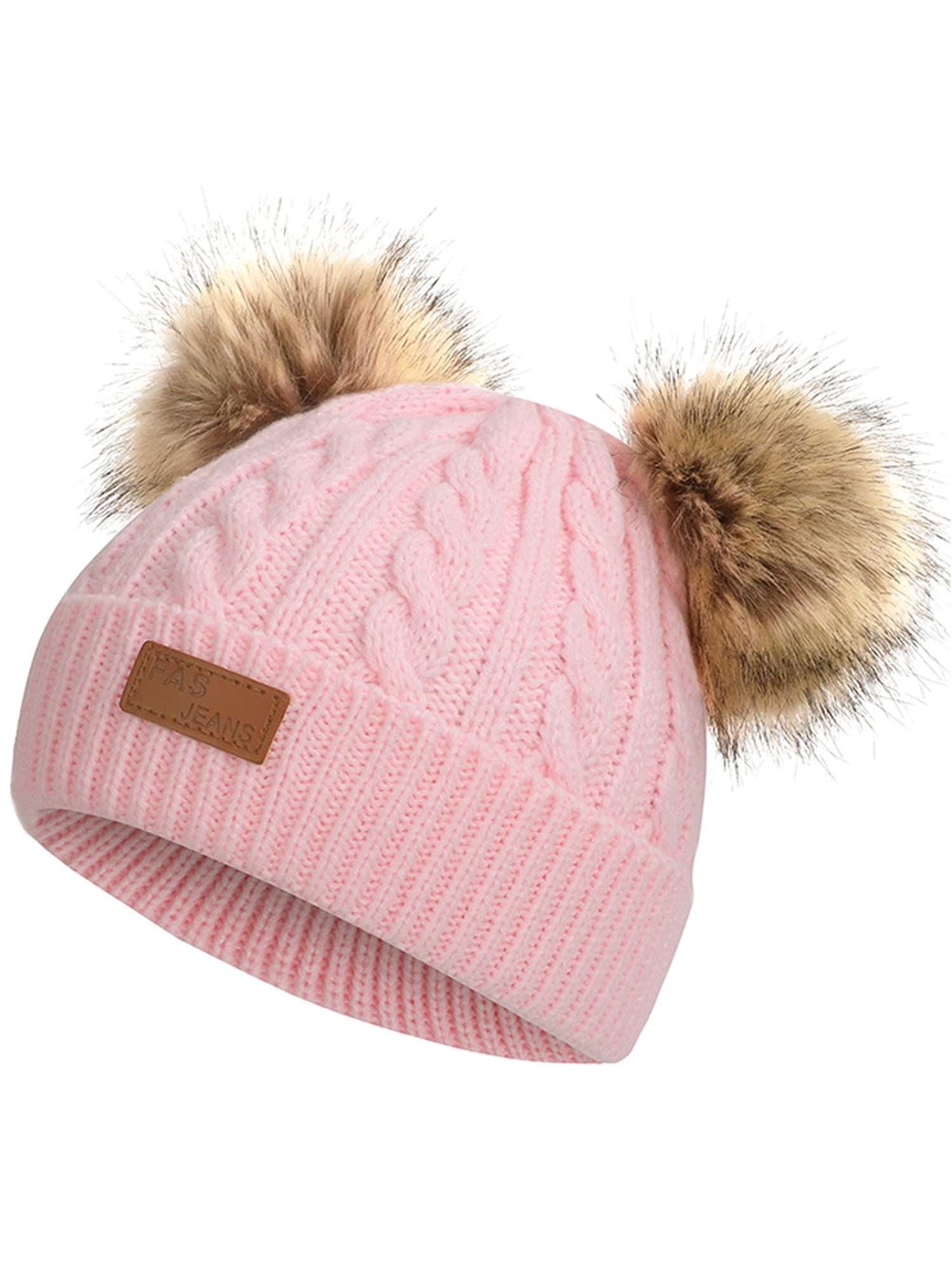 BABY KNITTED POM POM HAT BOBBLE PINK BLUE WHITE GREY CABLE BOYS GIRLS WINTER 0-6 