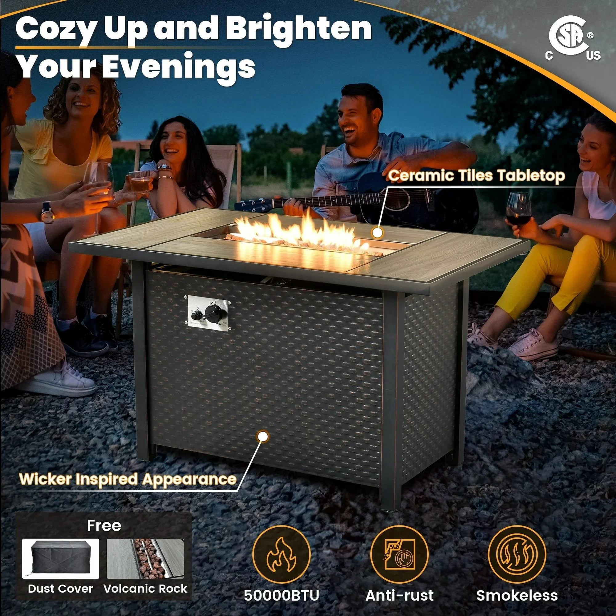 Vcatnet 8 Pieces Patio Furniture Sets with Fire Pit Wicker Outdoor Conversation Sectional Sofa with Swivel Rocking Chairs and Side Table, Black