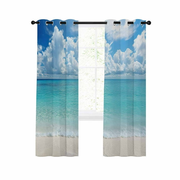 Ocean Blue Blackout Curtains 45 Inches Long for Bedroom, Beach Nature Coast Sea Shore Sky Seawater Thermal Insulated Room Darkening Black Out Window Curtain Panels Grommet Drapes for Living Room