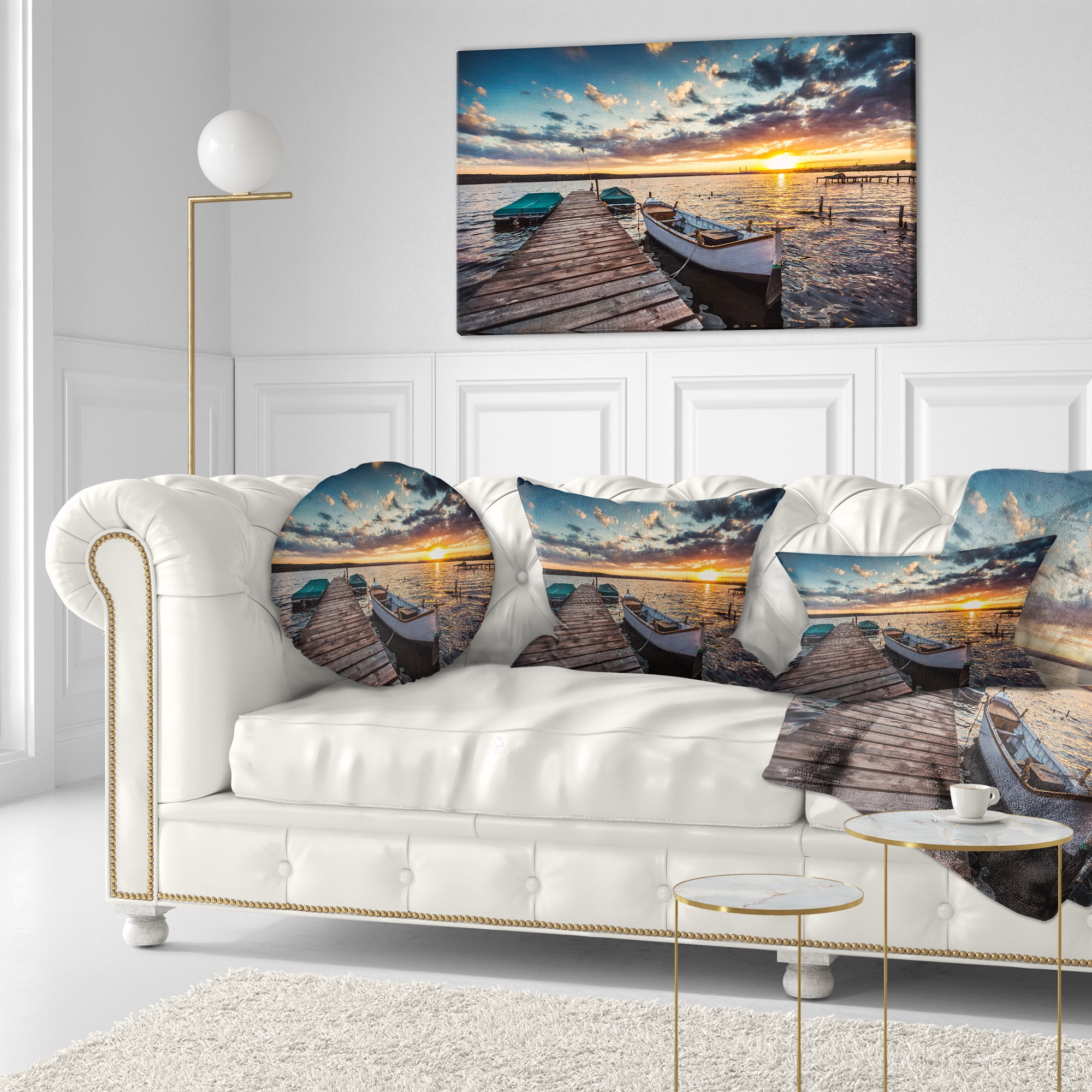 Designart Boats and Jetty under Dramatic Sky - Modern Throw Pillow - 12x20