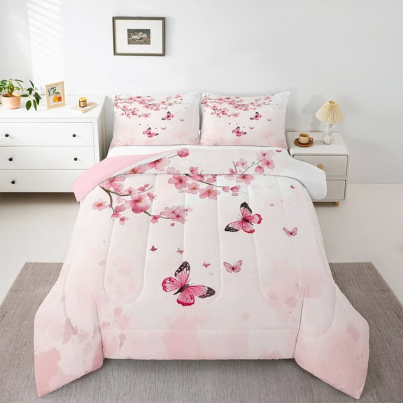 Manfei Cute Butterflies Bedding Comforter Set,Cherry Blossom Twin Comforter Sets,Light Pink Bedding Set For Princess,Super Cozy Room Decor Reversible,2pcs