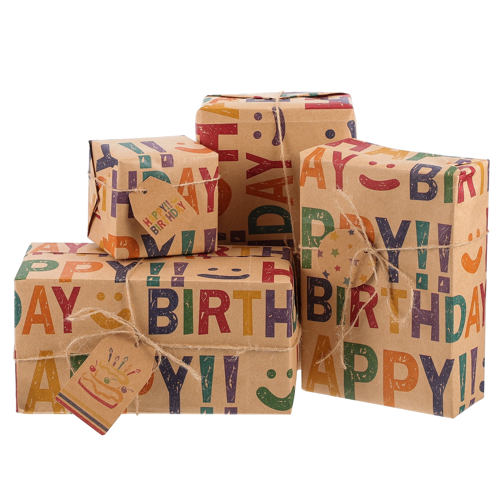 Cheer US Happy Birthday Wrapping Paper For Boys Men Women Girls Kids, Recycled Gift Wrapping Paper,Brown Kraft Folded Paper with Jute Strings,  Stickers and Bows for Birthday Occasions 