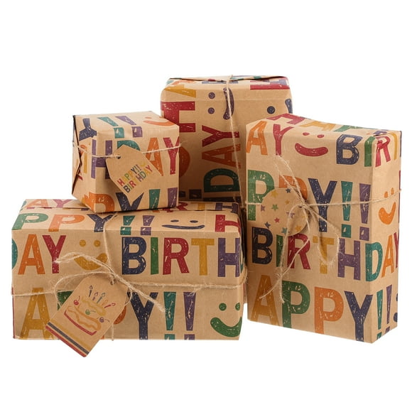 STOBOK 6pcs 33.5x23.6inch Happy Birthday Wrapping Paper Kraft Gift Packing Paper with 6pcs Tags 2m Jute String