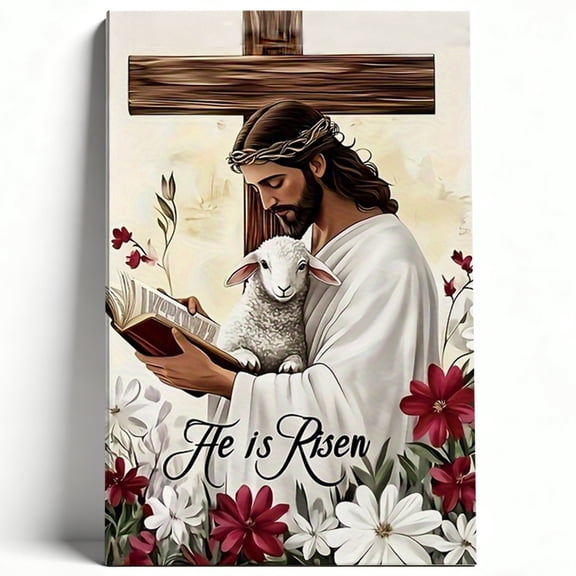 He Is Risen Jesus and Lamb Canvas Wall Art Christian Cross Poster Easter Religious Print Living Room Bedroom Decor Ready to Hang 8*12