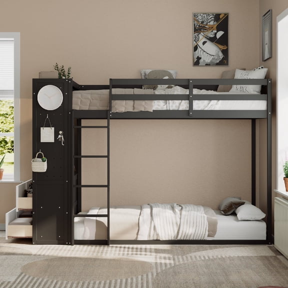 Twin Size Bunk Bed Frame with 4 Storage Drawers and Hanging Rail, Light Strip Wood Bunk Bed Frame with Built-in Shelves and Dual Pegboards for Bedroom, Apartment, Mattress not included, Black