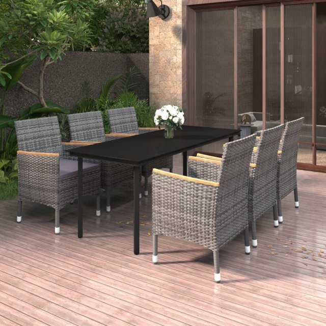 vidaXL 7 Piece Garden Dining Set with Cushions Poly Rattan and Glass