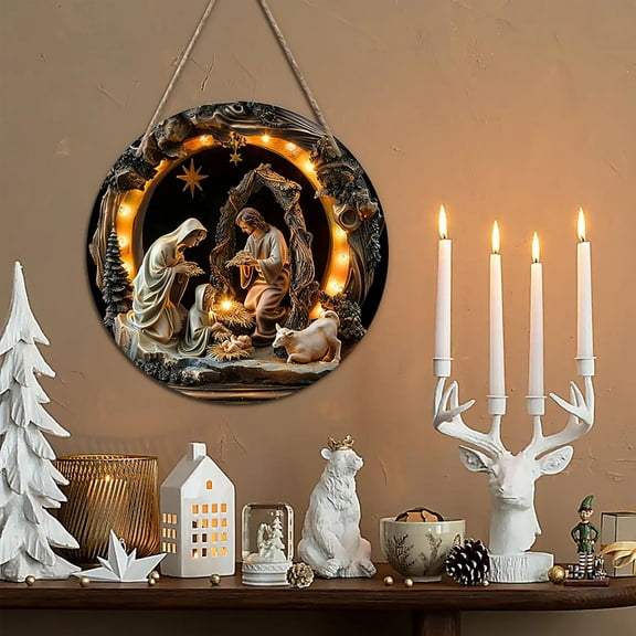 Olilia Christmas Front Door Wreaths Sign Wooden Holy Family Decorations Scene Wreath Religious for Xmas Home Window Wall Decor