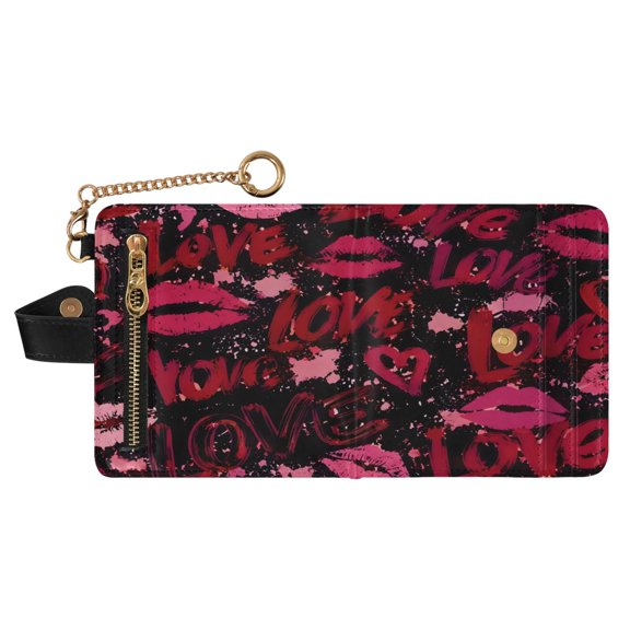 DIXRUYEE Love Lip Print Pattern Print RFID Blocking Womens PU Leather Wallet Small Foldable Card Holder Purse with Coin Zipper Pocket & Detachable Chain Wristlet