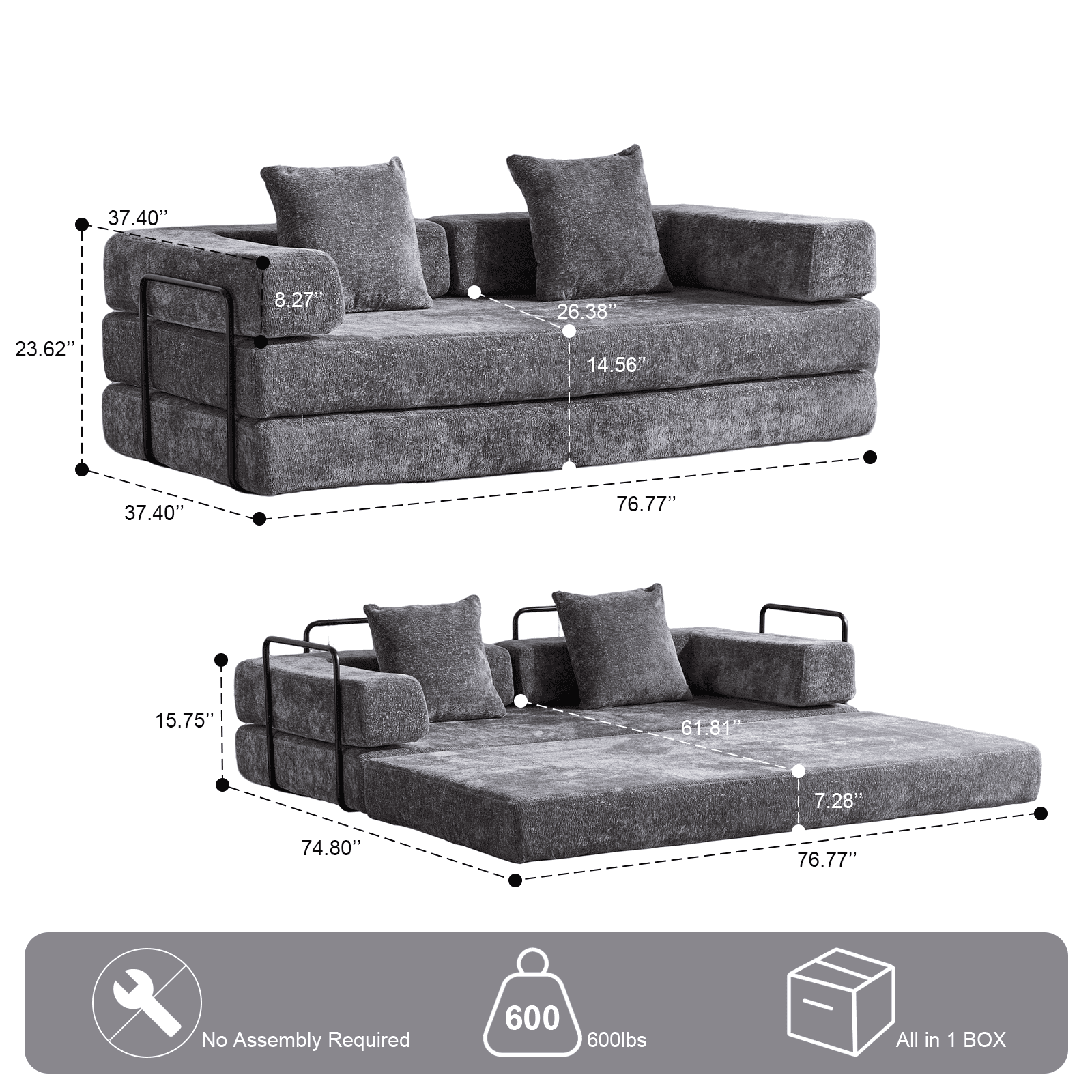 Alvantor 77" Convertible Sofa Bed, Compression Couch with 2 Pillow and Back Support Armrest for Living Room, Dark Gray