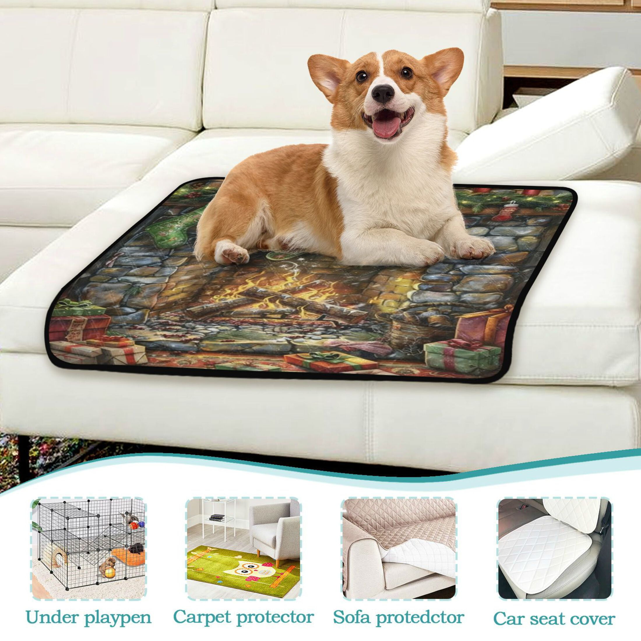 Qxltty Christmas Fireplace Cat litter Pads Pet Set of 2 Diaper Mats Center Anti-leakage Layer Absorbent Soft and Comfortable