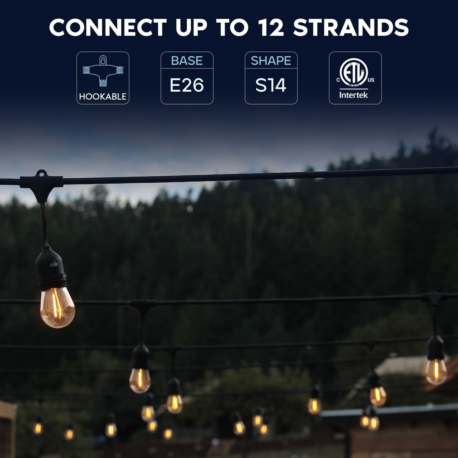Luxrite 48FT LED Outdoor String Lights Commercial Grade Waterproof, 24 S14 Shatterproof Bulbs, IP65, Patio Garden Cafe
