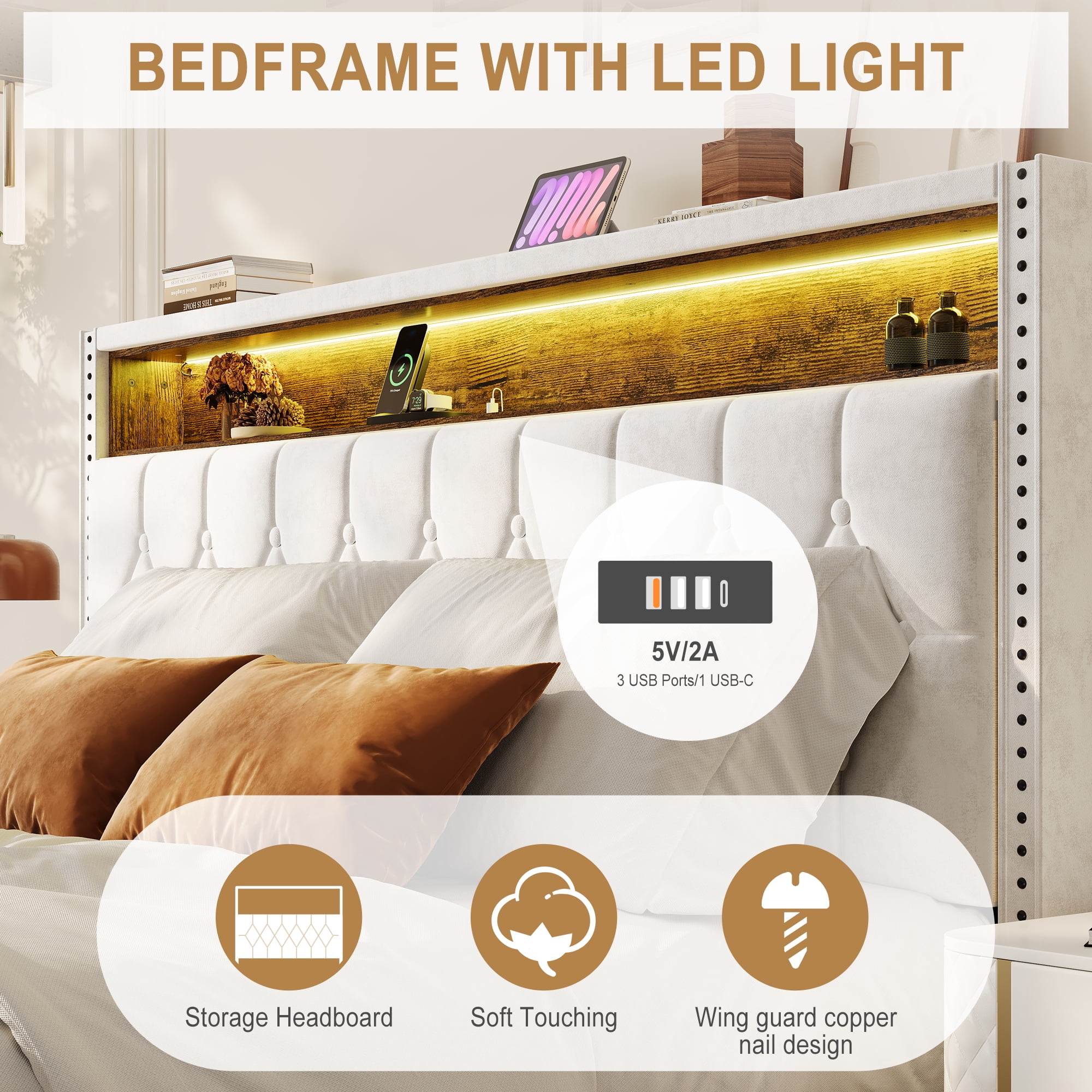 Senfot King Size Bed Frame, Button Tufted Upholstered Headboard Platform Bed with Charging Station and Bookcase, Easy Assembly Bed Frame With Light, Noise-free, Stable, No Box Spring Needed