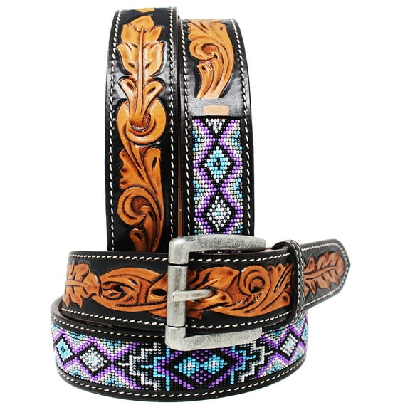 30 Men's Western Rodeo Heavy Duty Beaded Full-Grain Leather Belt 26RT15C
