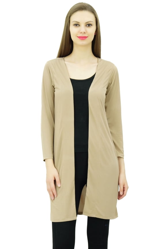 Women Spandex Soft Drape Long Shrug Cardigan Full Sleeve Casual Longline Coverup Beige
