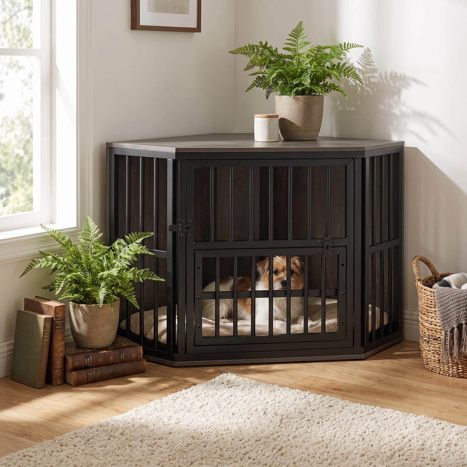 Vebreda Dog Crate Furniture, 35.5 inches Wooden Dog Kennel End Table with 3-Position Dog Bowl Rack, Space-Fit Corner Shape Design