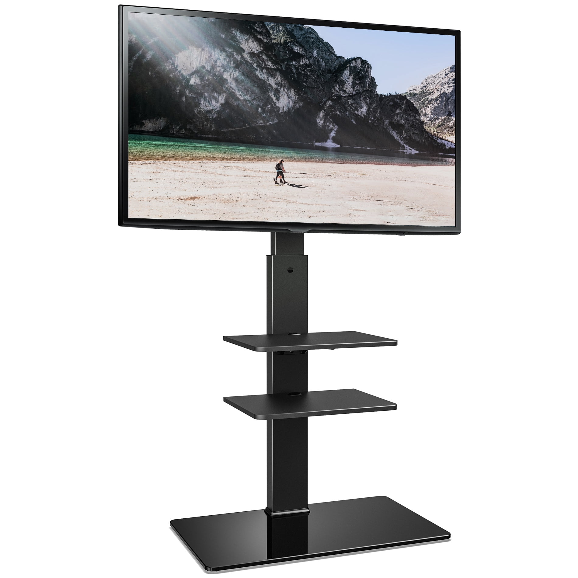 FITUEYES Swivel Floor TV Stand with Mount For 32 To 65 Inch TV Height Adjustable, Space Saving for Corner Bedroom Living Room, Black Tall Tv Stand with Glass Base