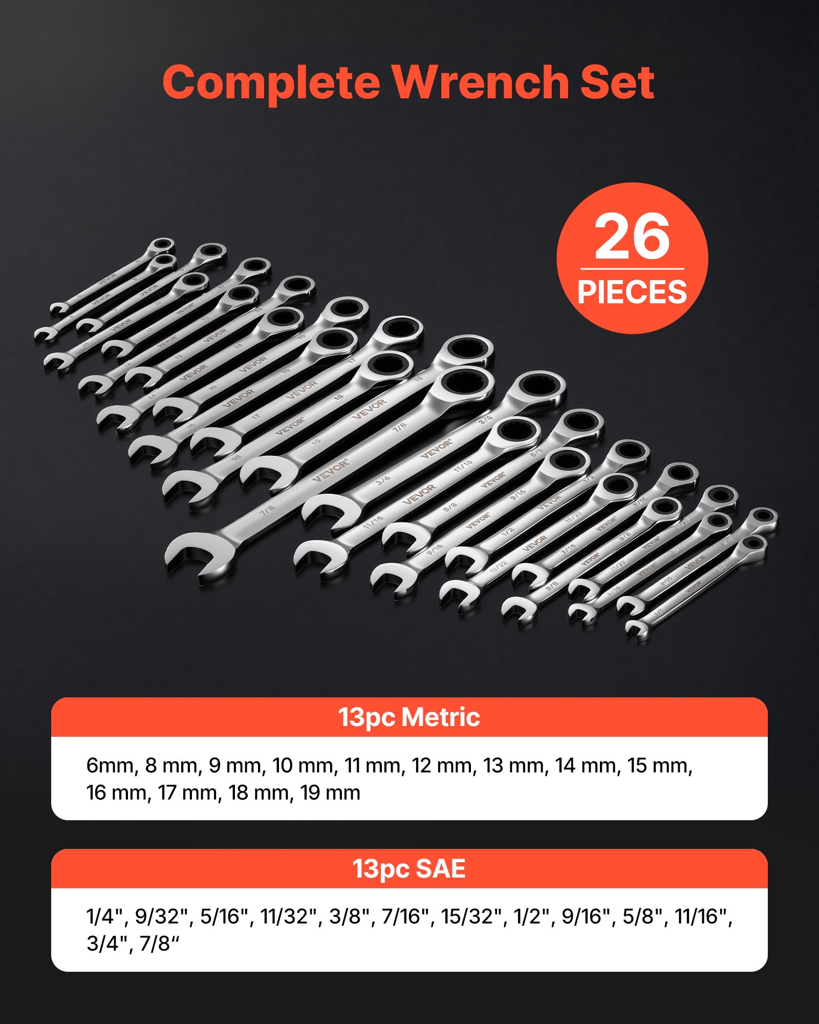 VEVOR Combination Wrench Set, 26-Piece SAE and Metric, 72 Teeth, Cr-V Steel Ratcheting Wrench Set, with Rack Organizer, Open End, Clear Size Labels, for General Household, Automotive Repairs, Silver