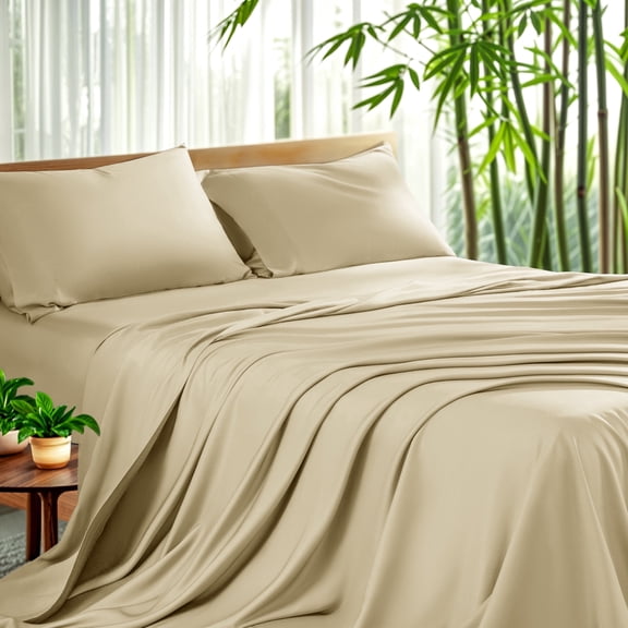 Sonoro Kate Luxury Cooling Bamboo Bed Sheet Set - Deep Pockets - 4 Piece, King, Beige