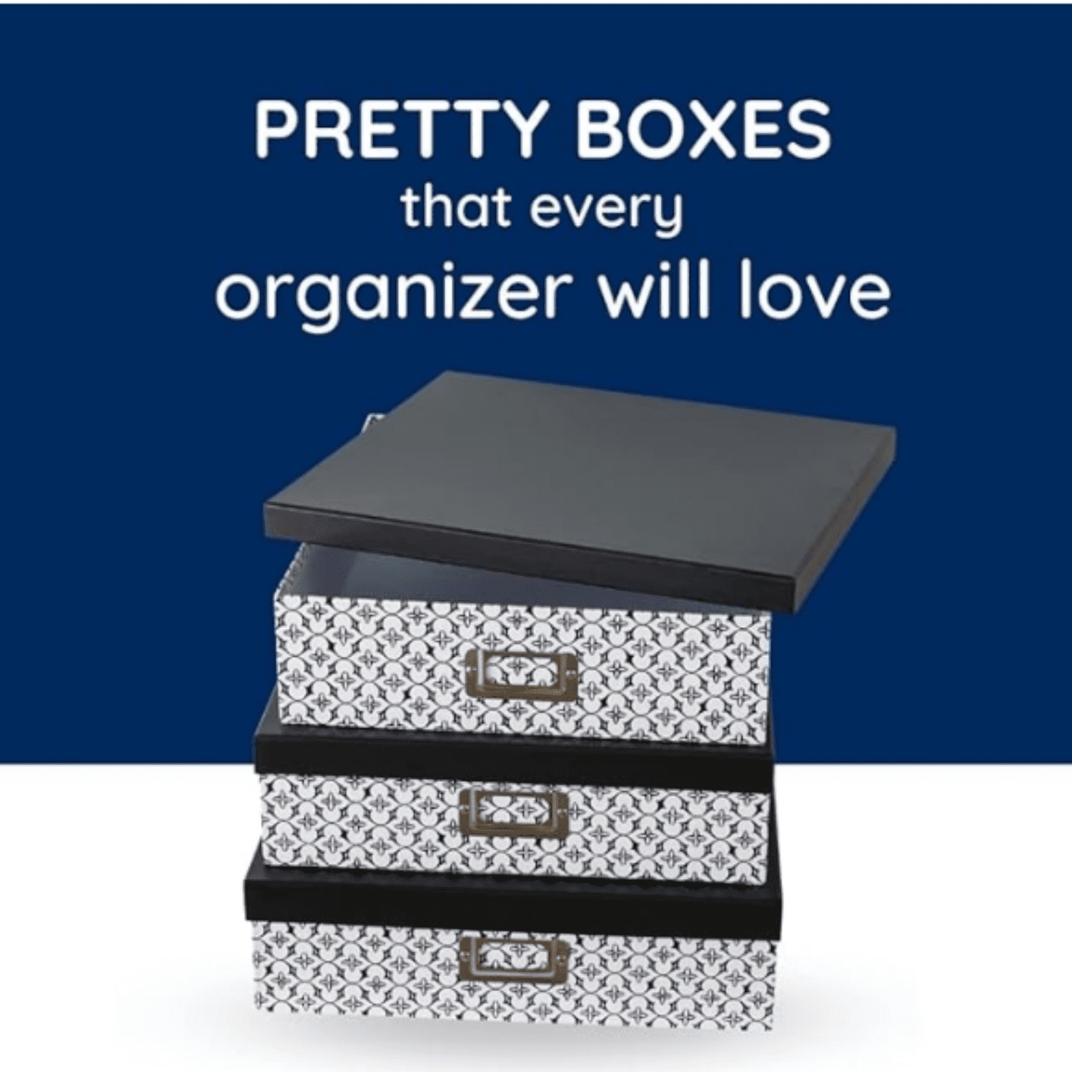 Black and White Decorative Storage Boxes with Lids for Organizing, Set of 3 Jumbo Scrapbook Storage Boxes for Documents, Keepsakes, Memories, Modern Trellis