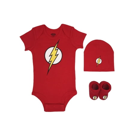 Justice League The Flash Short Sleeve Bodysuit, Booties & Cap Baby Shower Layette Gift Set, 3pc (Newborn Baby Boy)