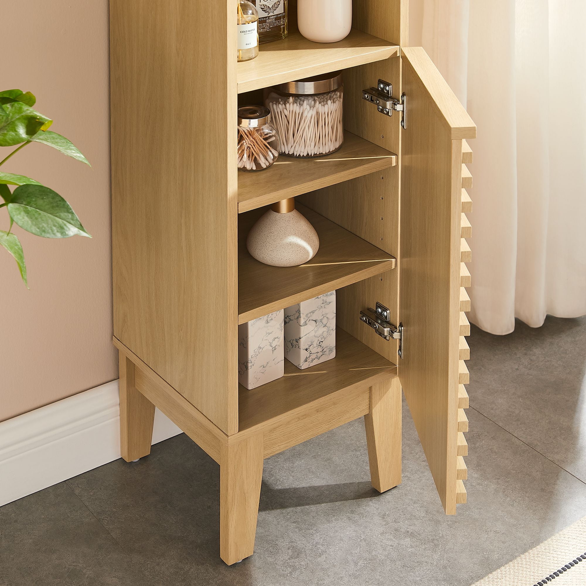 Modway Render Tall Narrow Bathroom Storage Cabinet in Oak
