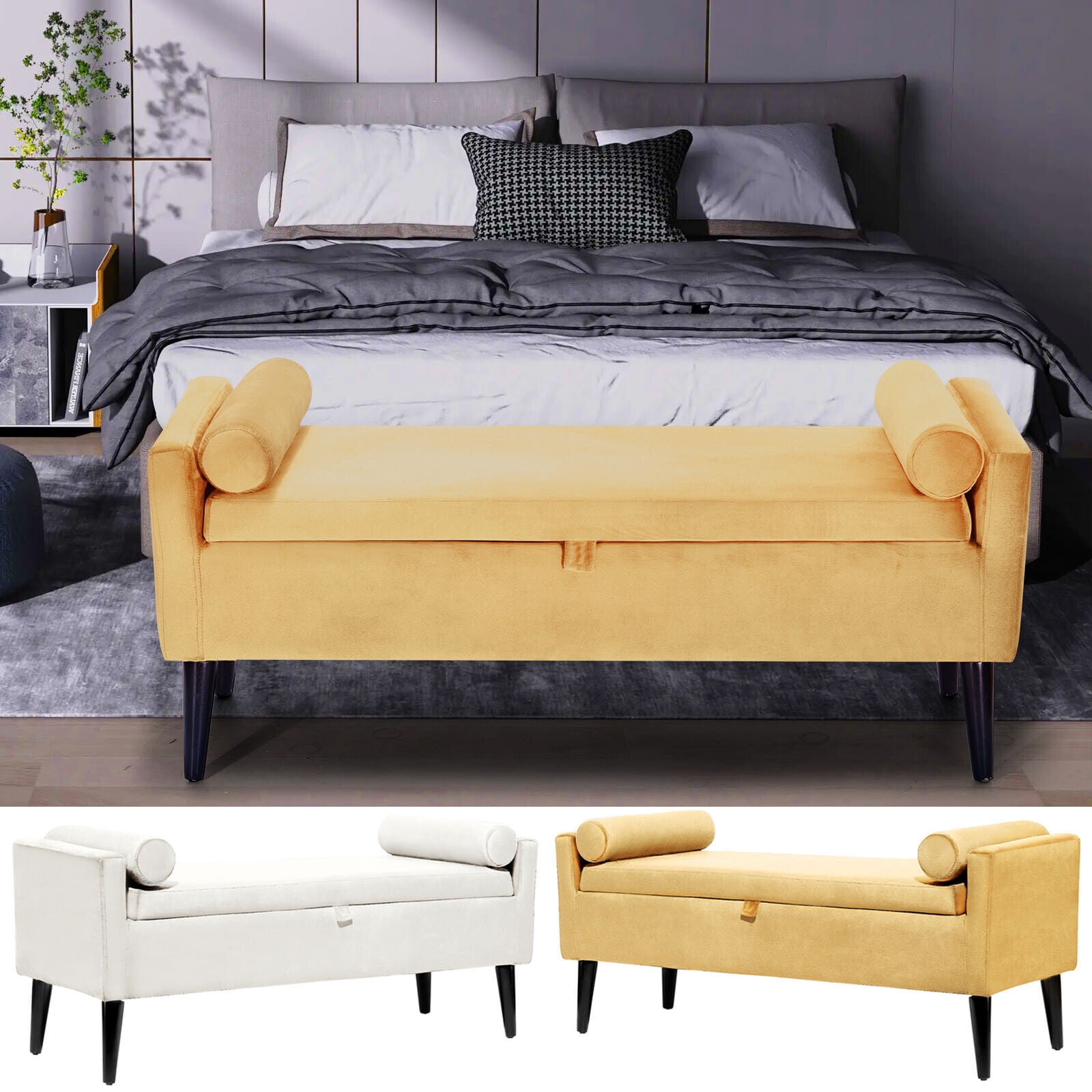 Dazone Armed Indoor Storage Bench With 2 Round Pillows, 47 inches Ottoman with Storage, Velvet