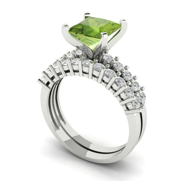 2.66 ct Brilliant Princess Cut Natural Peridot 14k White Gold Solitaire with Accents Engagement Bridal Wedding Ring Band Set size 6.25