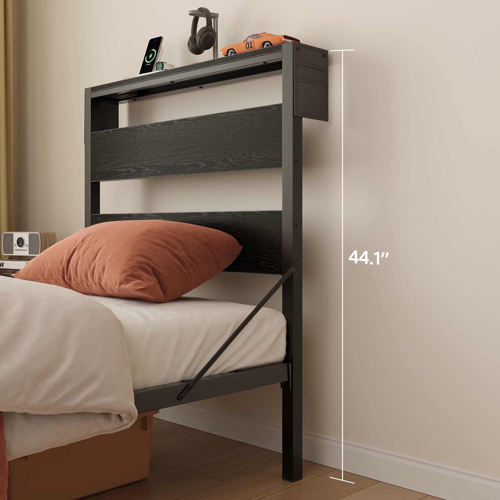 Bestier Twin Size Platform Bed Frame with Storage Headboard, LED Lights & USB Charging Station, Metal Bed Frame Black
