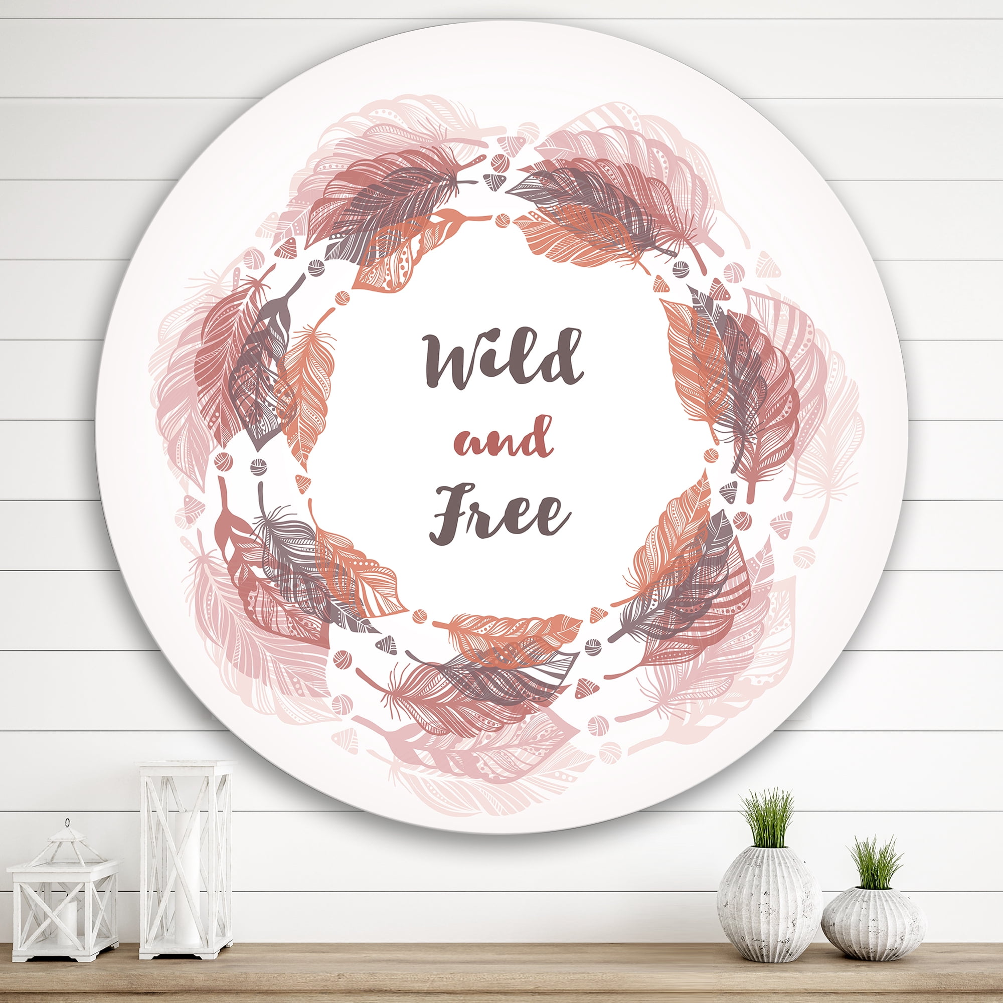 Designart 'Wild and Free Feather Wreath In Boho Style' Bohemian & Eclectic Circle Metal Wall Art 29x29 - Disc of 29