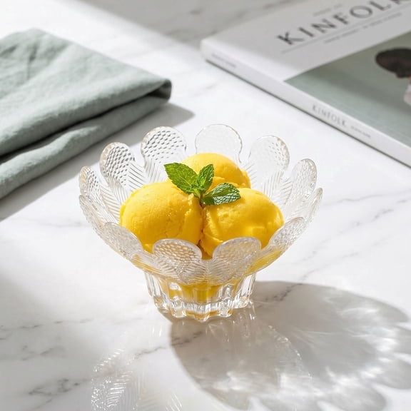 Fountwell Clear Crystal Glass Fruit Bowl, Light Luxury Elegant Salad Snack Bowl – Creative Textured Ice Cream Dessert Bowl, Relievo Design Serving Dish
