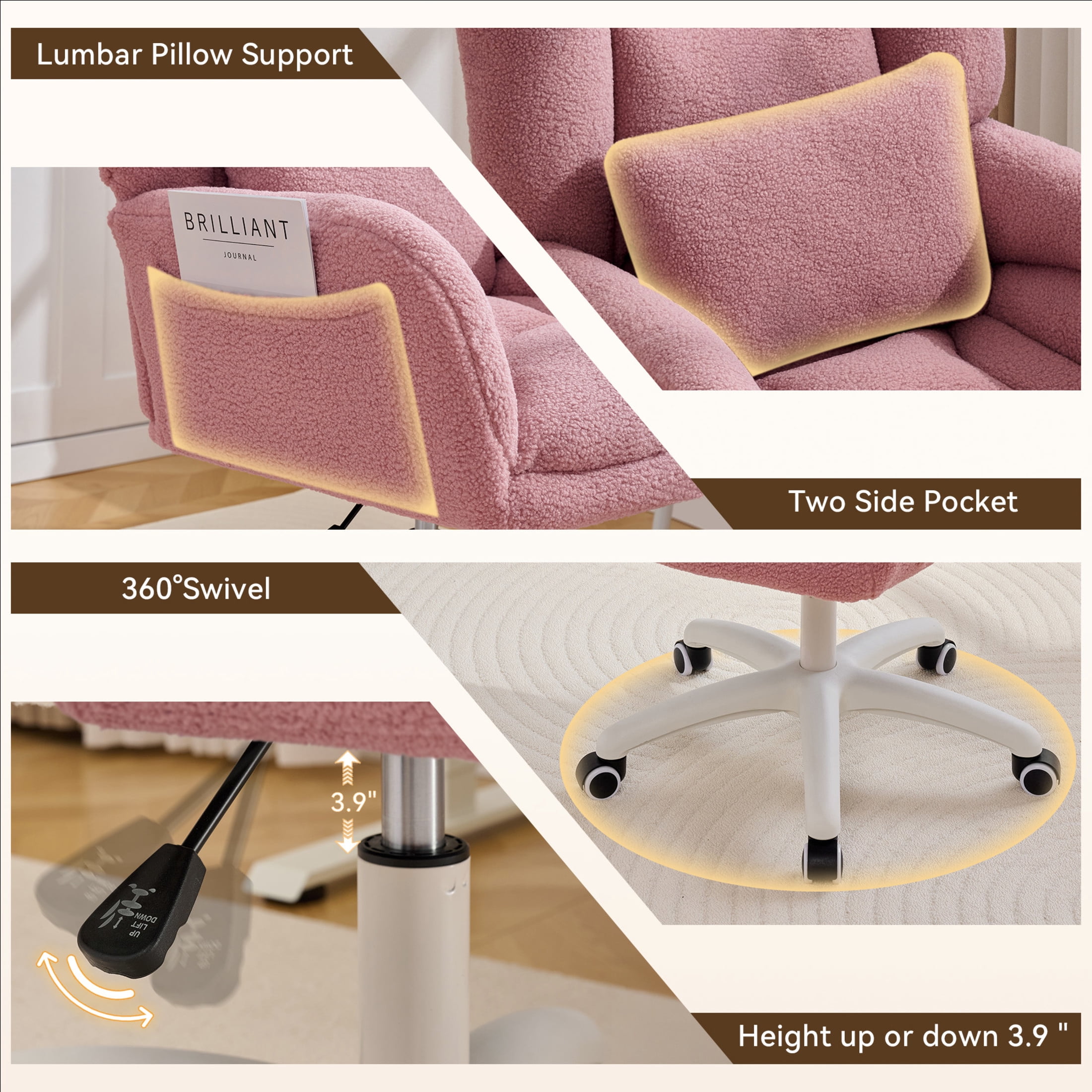 Noble House Sheila Teddy Fabric Swivel Office Chair, High Back Desk Chair with Lumbar Pillow & Storage Pockets, Pink