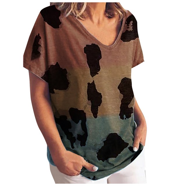 Fashion Womens Gradient Color Printing Short-sleeved Large Size Loose T-shirt