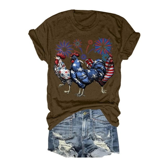 T-shirts Grande Taille pour Femmes, Imprimé Jour de l'Indépendance, Manches Courtes, Col Rond, Bronze TTG