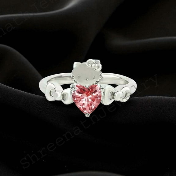 SHREENATHJEWELRY Kitty Inspired Ring Hello Cute Kitty Morganite Ring Japanese Cartoon Novelty Ring 925 Silver Kitty Ring Animal Lover Jewelry Cat Lover Gift