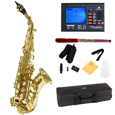 Mendini by Cecilio Curved Bb Soprano Saxophone with Tuner, 10 Reeds, Mouthpiece and Case, MSS-CSL Gold