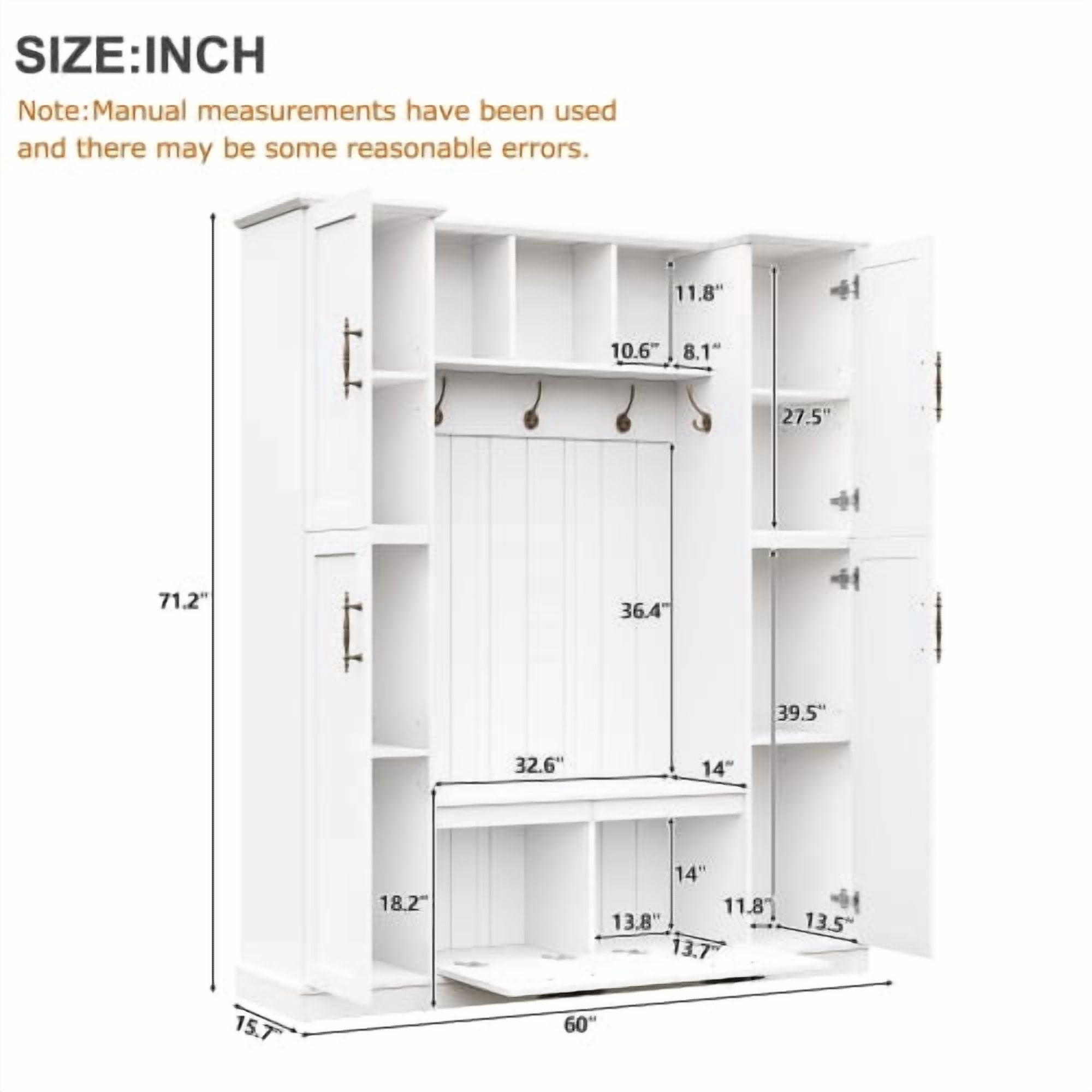 Farmhouse Hall Tree with Bench, Beadboard Back Panel, 4 Side Cabinets, Adjustable Shelves, Open Cubbies, Coat Rack & 5 Hooks, Entryway Mudroom Furniture, White