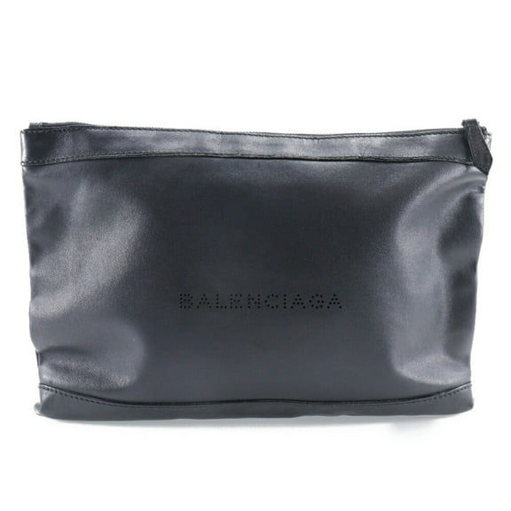 Pre-Owned BALENCIAGA Navy Clip M Clutch Bag 373834 Lambskin Made in Italy Black A5 Zipper clip Unisex (Fair)