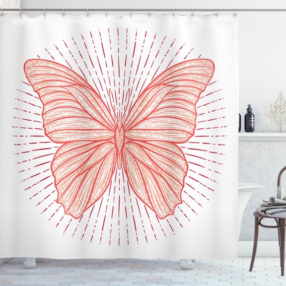 Ambesonne Ethnic Shower Curtain, Butterfly Doodle Sunburst, 69"Wx75"L, Vermilion Orange Ruby
