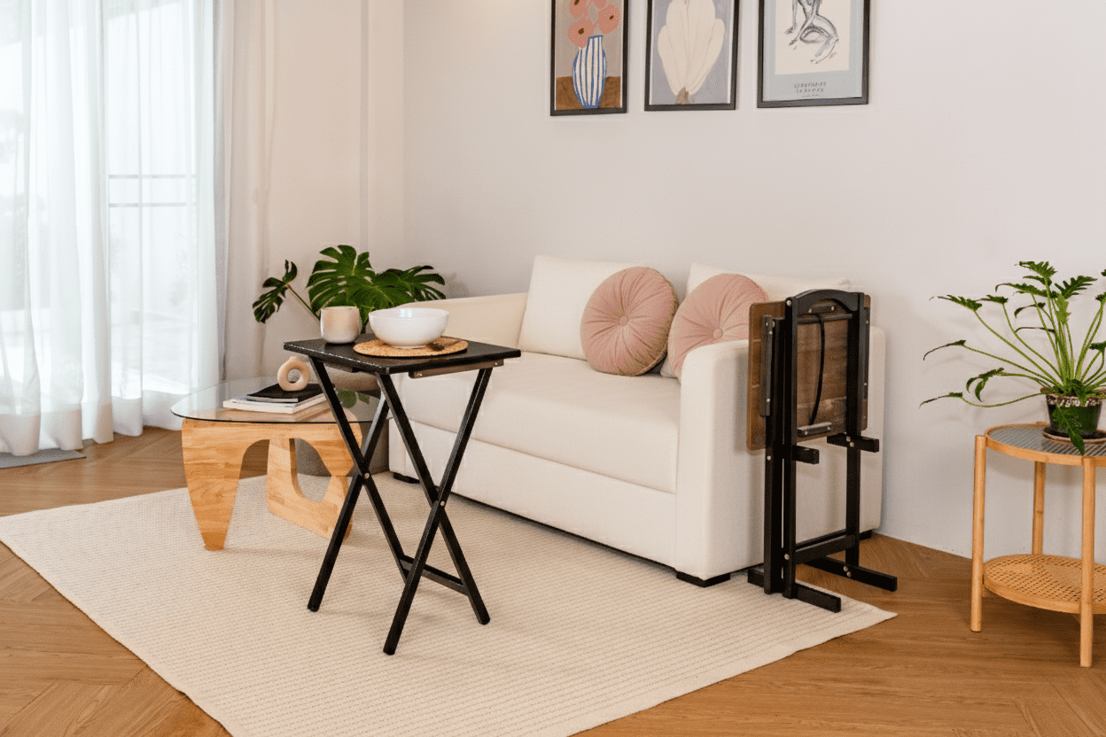 Mainstays TV Tray Table Set, 3-Piece with 2 Folding Rubberwood Trays and Storage Rack, Black