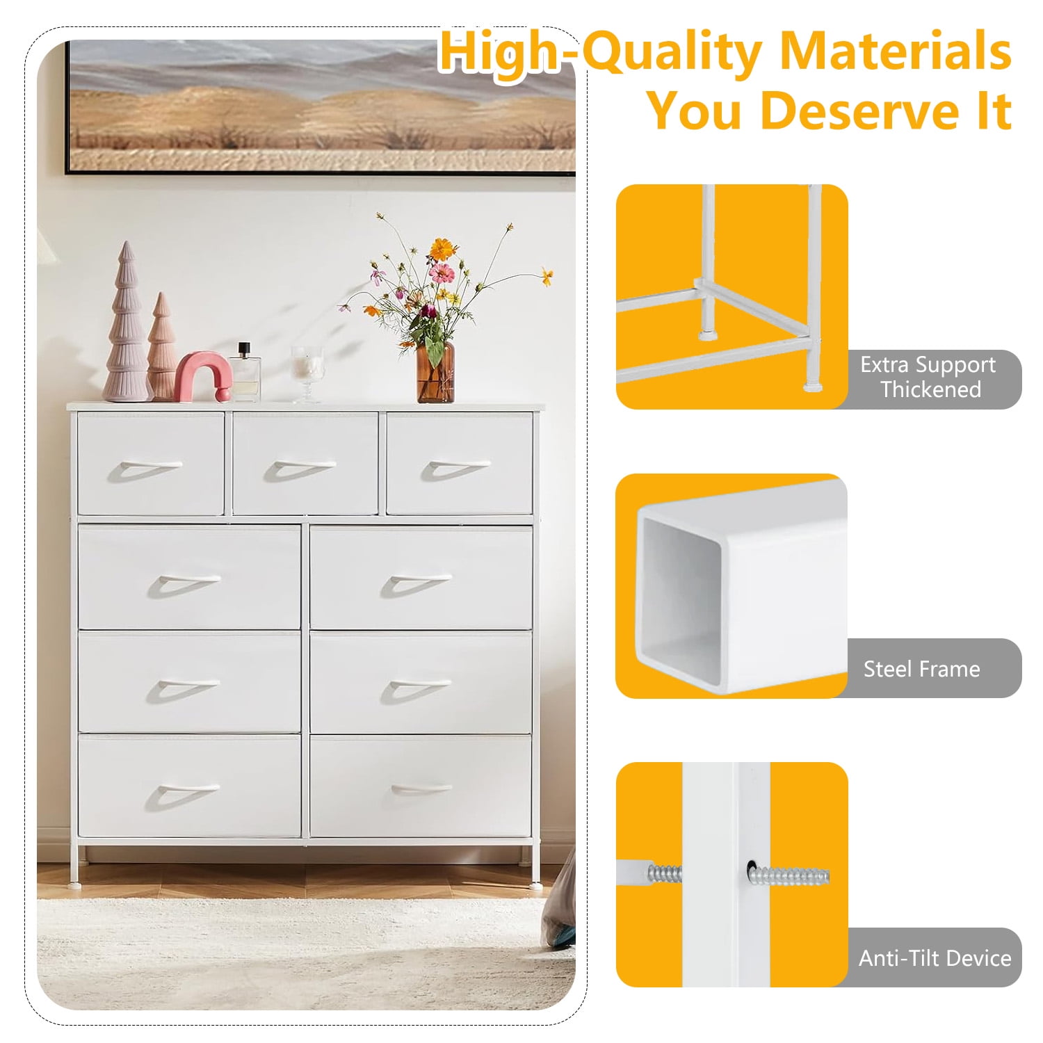 9-Drawer Fabric Dresser with Wood Top - Compact Storage Organizer for Bedroom, Closet, White