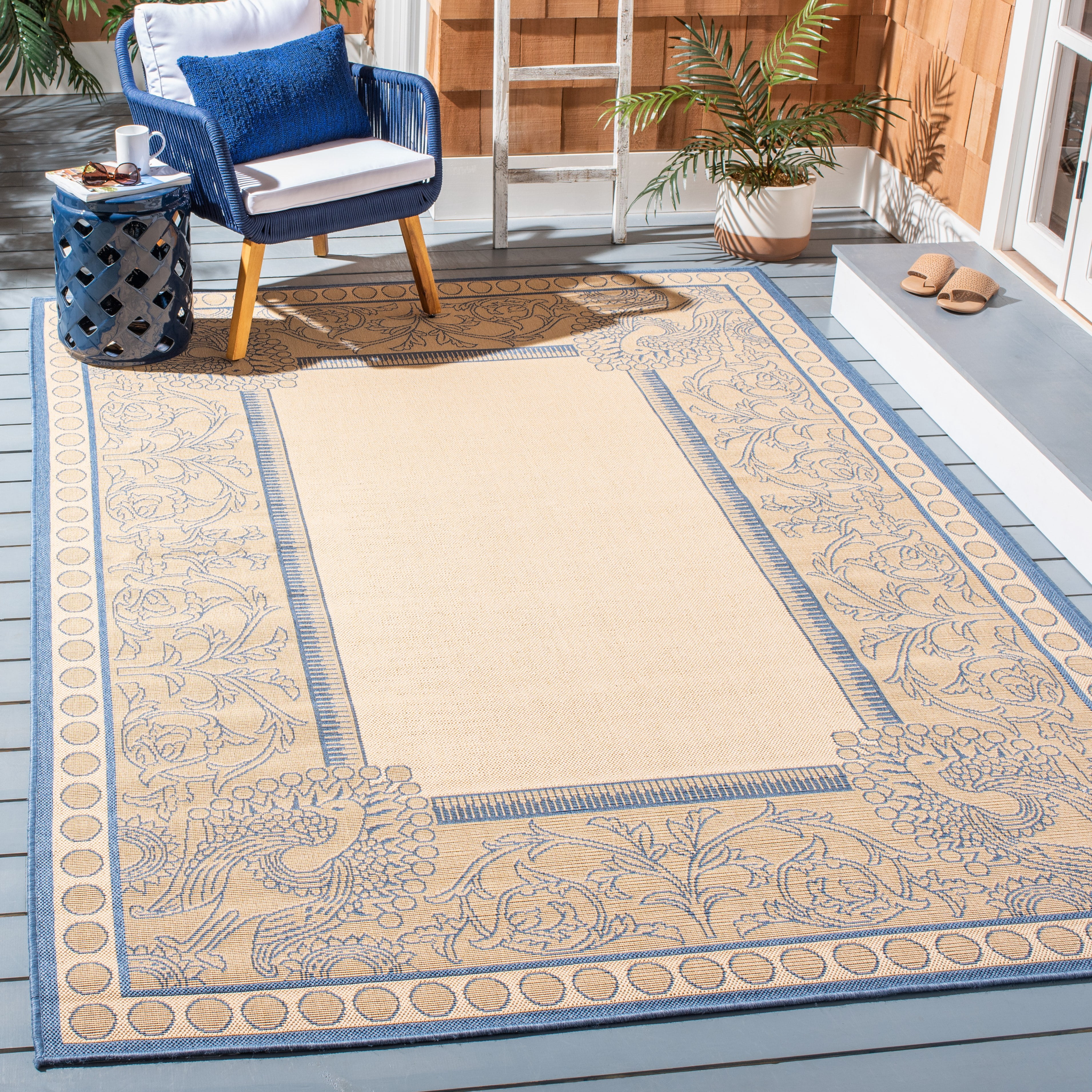 Safavieh Courtyard Cooper Botanical Indoor/Outdoor Area Rug, Natural/Blue, 4' x 5'7"