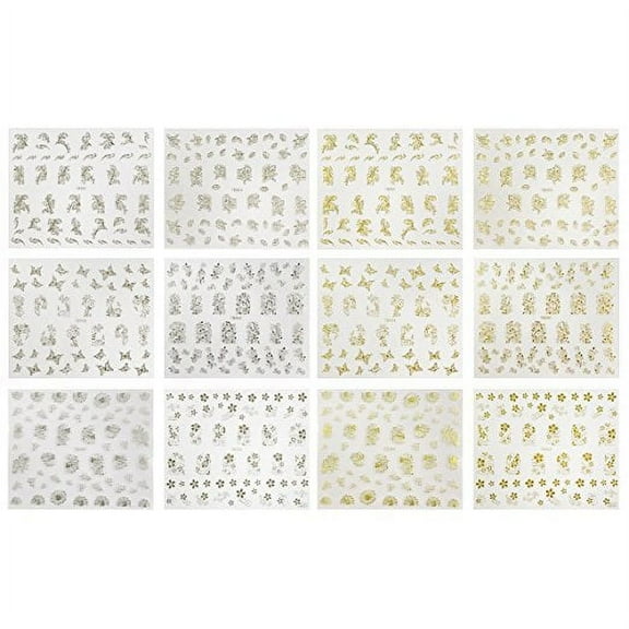Wrapables® Gold Foil & Silver Foil Flower Nail Wraps Nail Stickers 3D Nail Art (12 sheets)