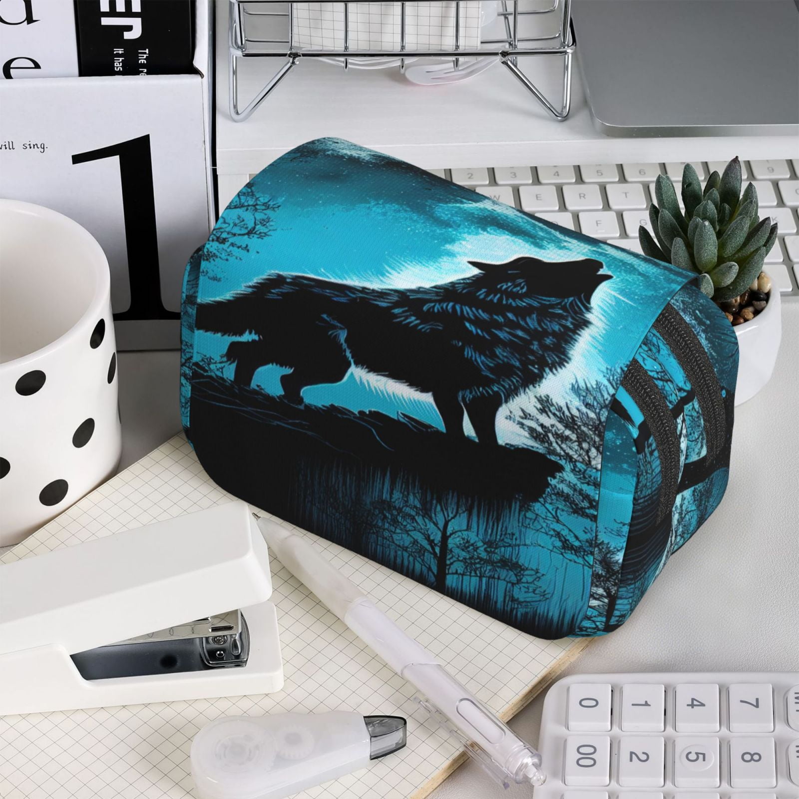 Rateoe Blue Full Moon Wolf Pattern Double Clamshell Pen Case, Storage Organizer with Two Zipper Compartments– Holds Up to 50 Pencils & Pens