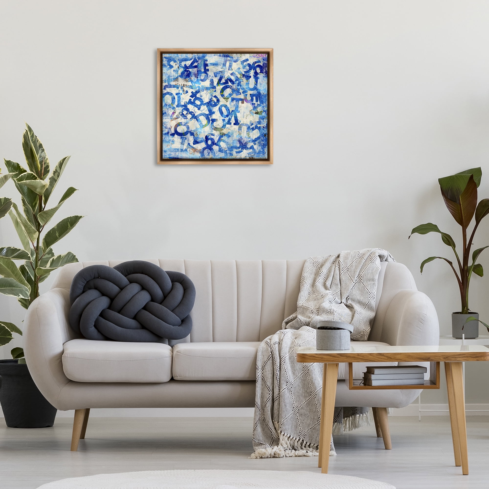 Stupell Industries Blue Letters Arrangement Abstract Painting Brown Floater Framed Canvas Art Print Wall Art, 25 x 25