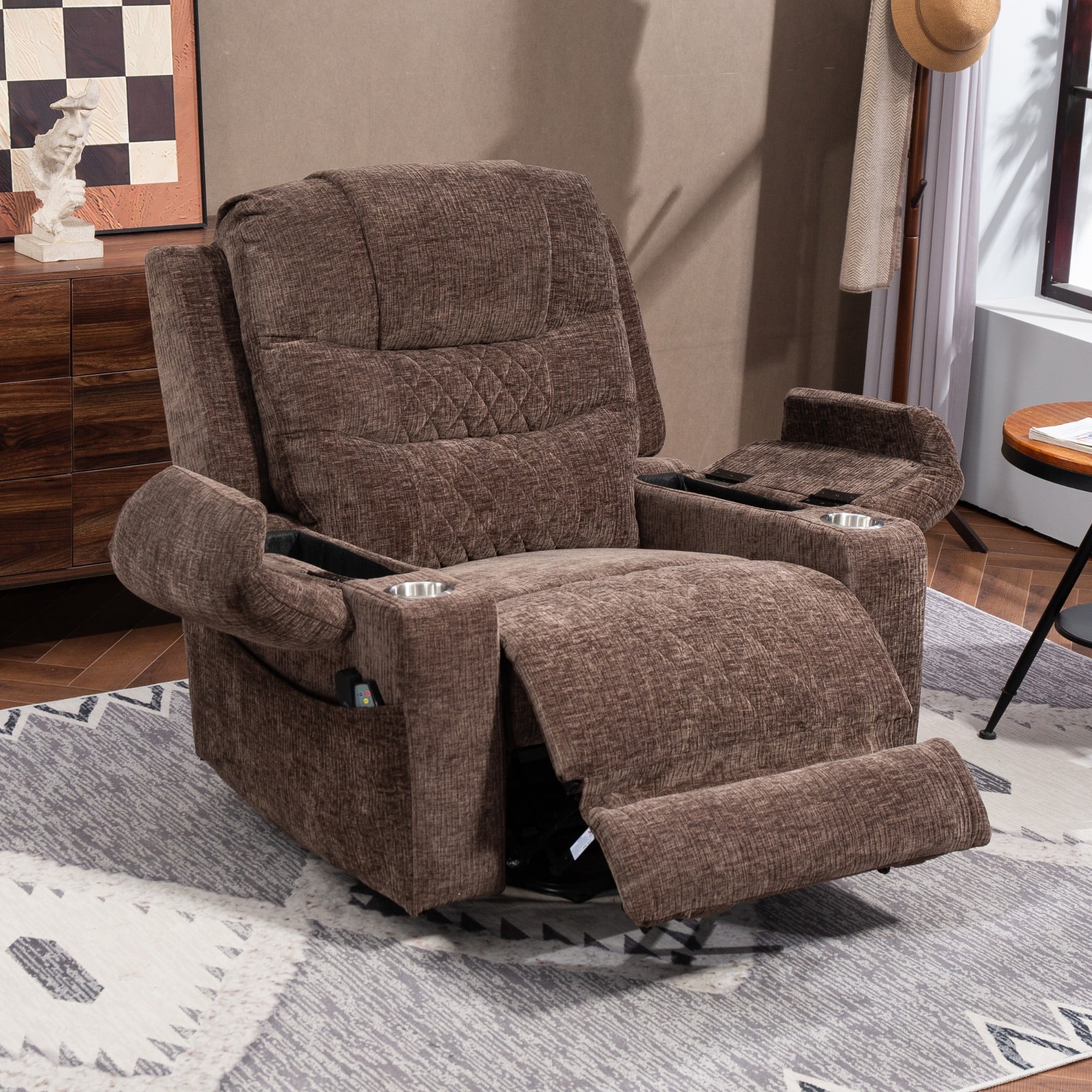 Oversized Recliner Chair 26-inch Wide Seat with Extended Footrest - Power Lift Recliner for Elderly with Heat Massage - Flip Arm Storage Cup Holders 350 lbs