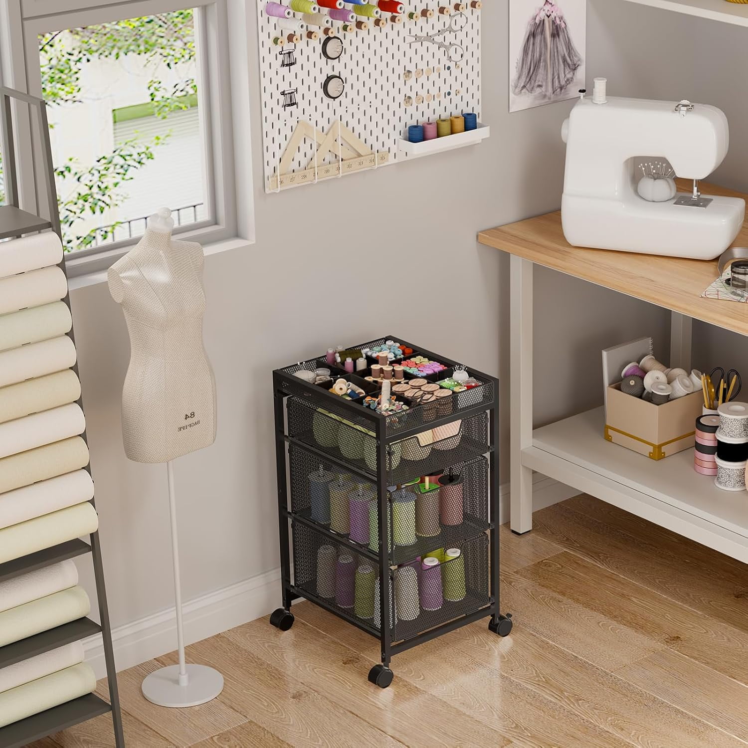 X-COSRACK 3-Drawer Rolling Utility Cart, Heavy-Duty Metal Craft Storage Organizer with DIY Adjustable Dividers & Wheels, Black