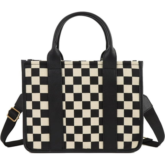 Women's Checkered Crossbody Bag, Canvas Work Tote Bag - Checkered Women's Bag, Black and White Top-handle Bag with Shoulder Strap