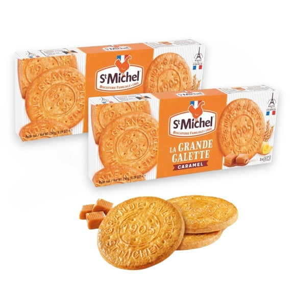 St Michel Caramel Grandes Galettes Butter Cookies Biscuits 5.29oz, Made In France, Pack of 2 Non-GMO total of 18 Butter Cookies