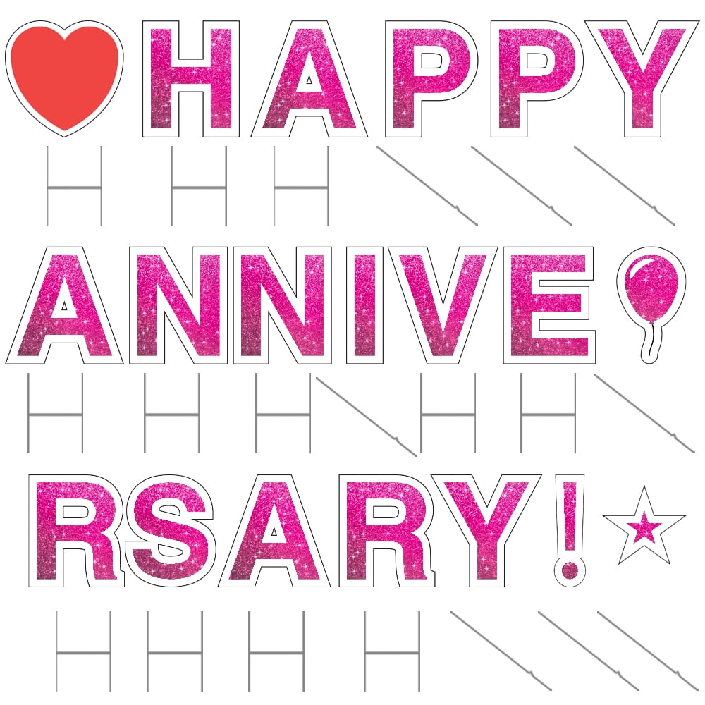 Vispronet Happy Anniversary Yard Signs with Stakes – Each Letter is 18in Tall – Made from Durable Coroplast - Weather-Resistant Signs and Steel Stakes (Faux Glitter Bright Pink)