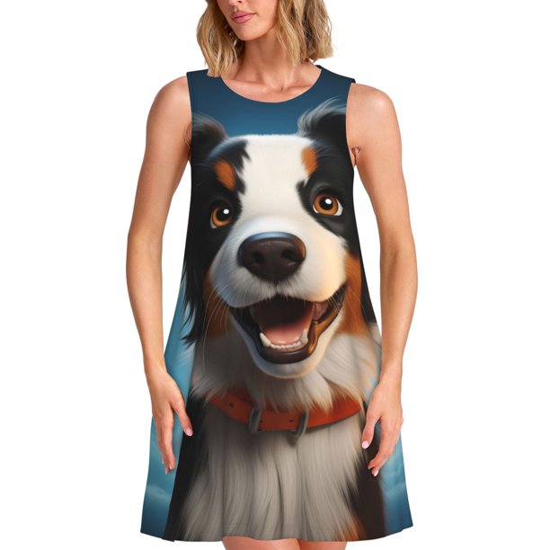 Balery Playful Smile Cute Dog Vestidos de verano para mujer con estampado: vestido holgado sin mangas, vestido playero informal y cómodo para días calurosos.